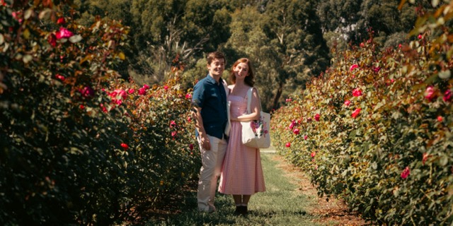Couple standing in a rose garden avenue in soft afternoon light
